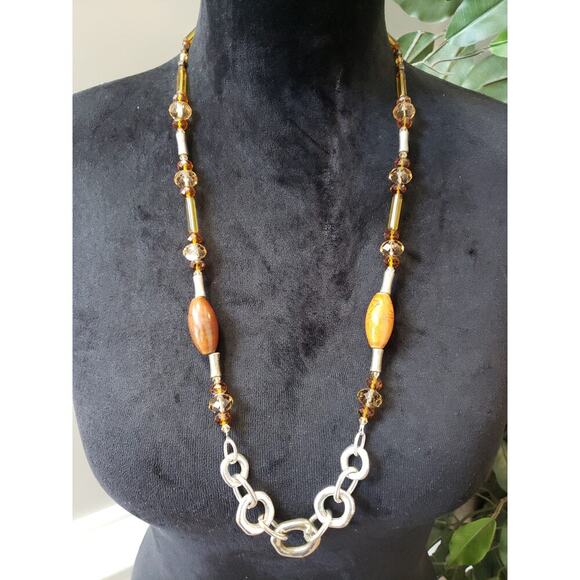 Women Vintage Amber Beaded Necklace with Large Link Chain and Toggle Clasp - Picture 1 of 7